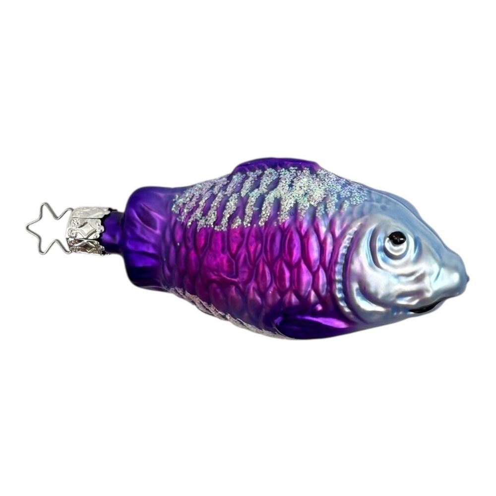 Inge Glass Blown Glass Purple Fish Christmas Ornament with Glitter Vintage